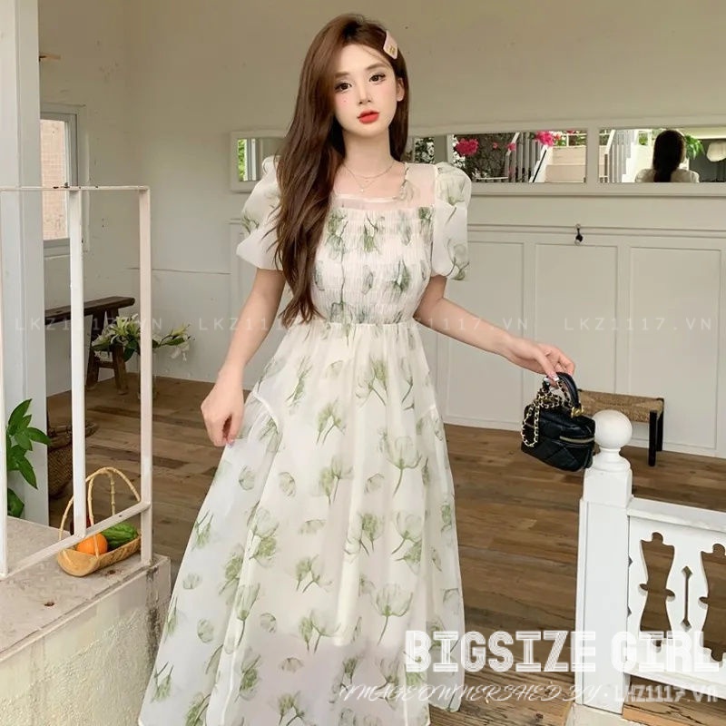 Váy đầm nữ Bigsize Đầm hoa nhí dáng dài tay ngắn cổ vuông mùa hè Phong cách Hàn Quốc Thời Trang đẹp