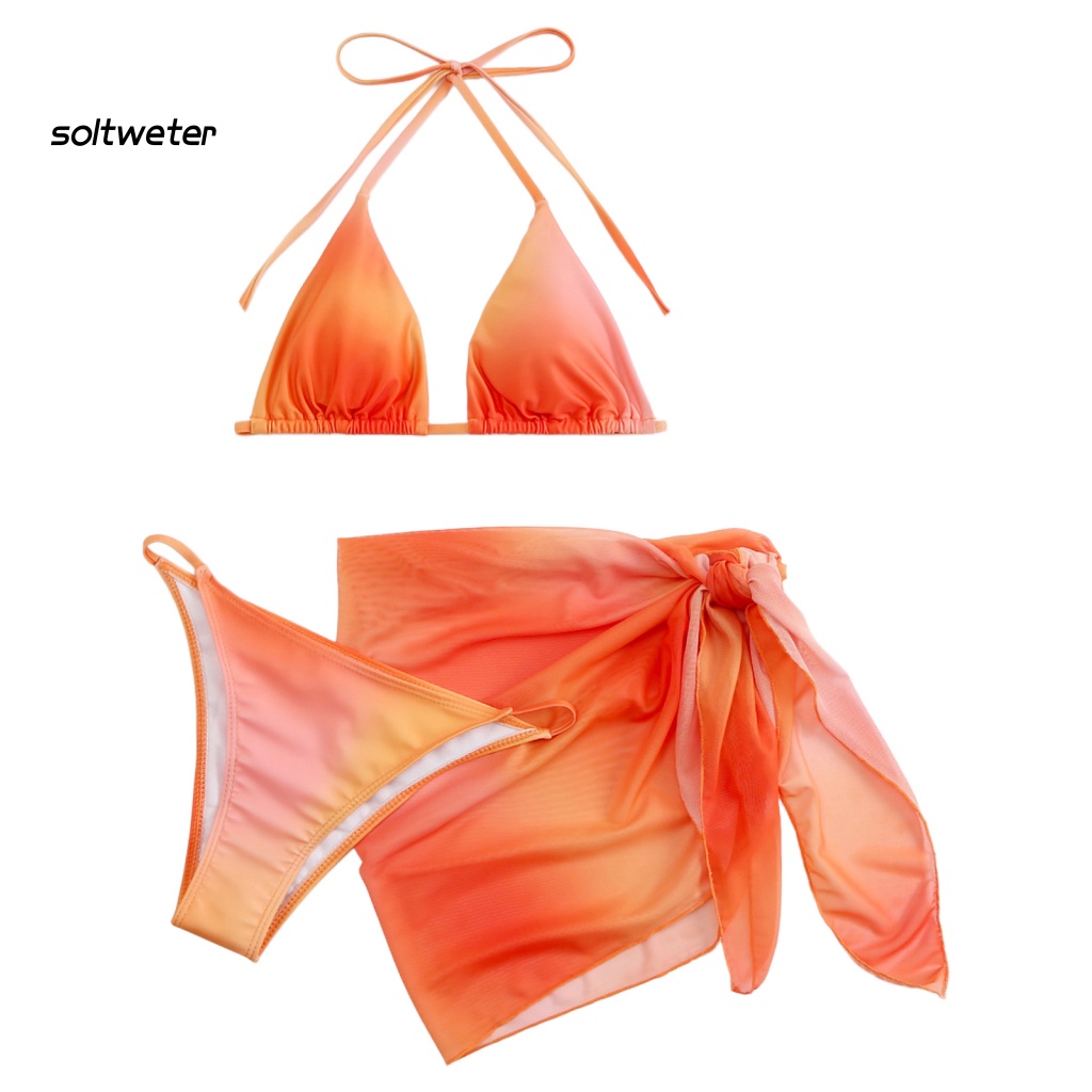 Bộ Đồ Bơi 3 Món Gồm Áo Cổ Yếm + Chân Váy Cột Dây Màu Sắc Trơn In Họa Tiết Gợn Sóng Quyến Rũ