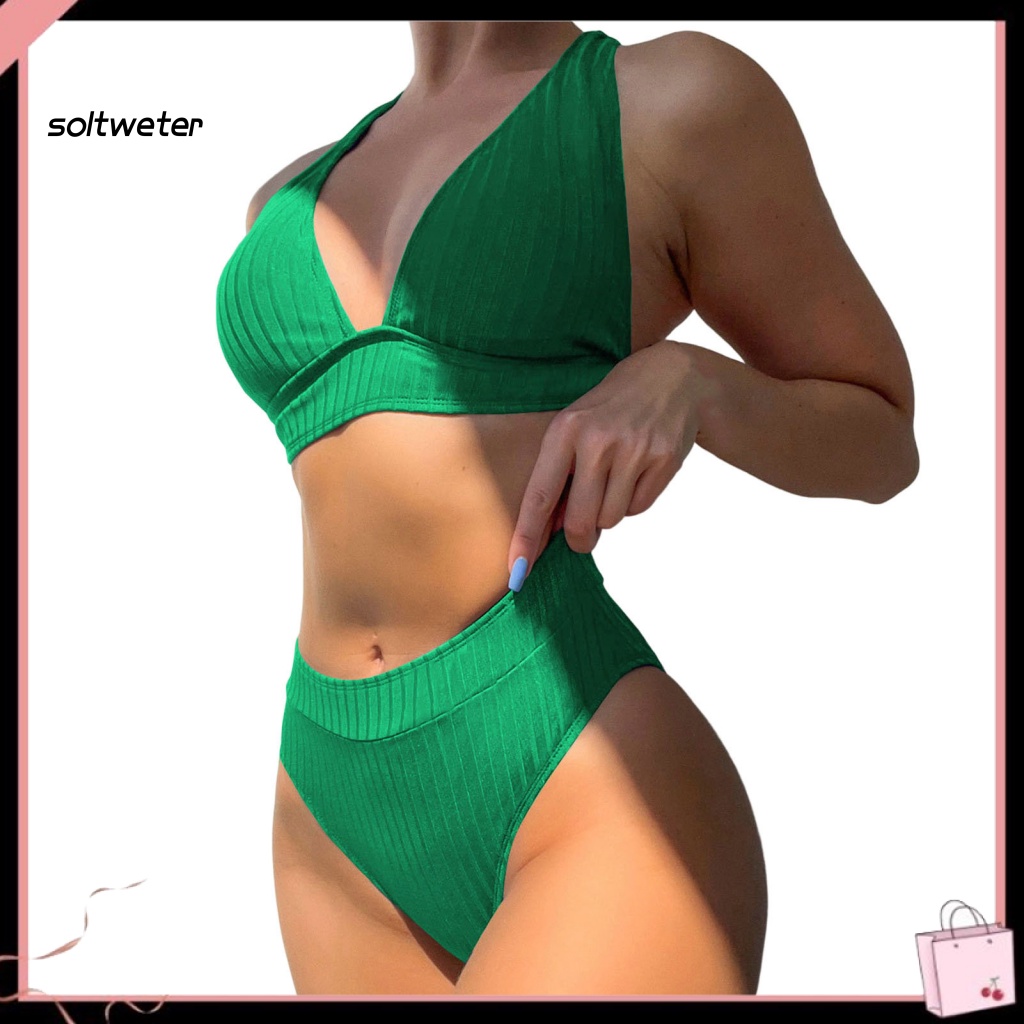 Bộ Bikini 2 Mảnh Màu Trơn Cổ V Sâu Lưng Cao Có Gân Và Quần Lót Gợi Cảm Cho Nữ