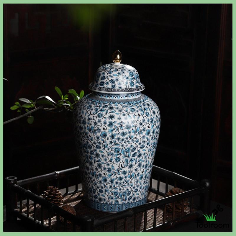 Lọ Gốm Đựng Gừng / Tráng Men Vẽ Tay Có Nắp Đậy Kiểu Trung Tâm Chuyên Nghiệp