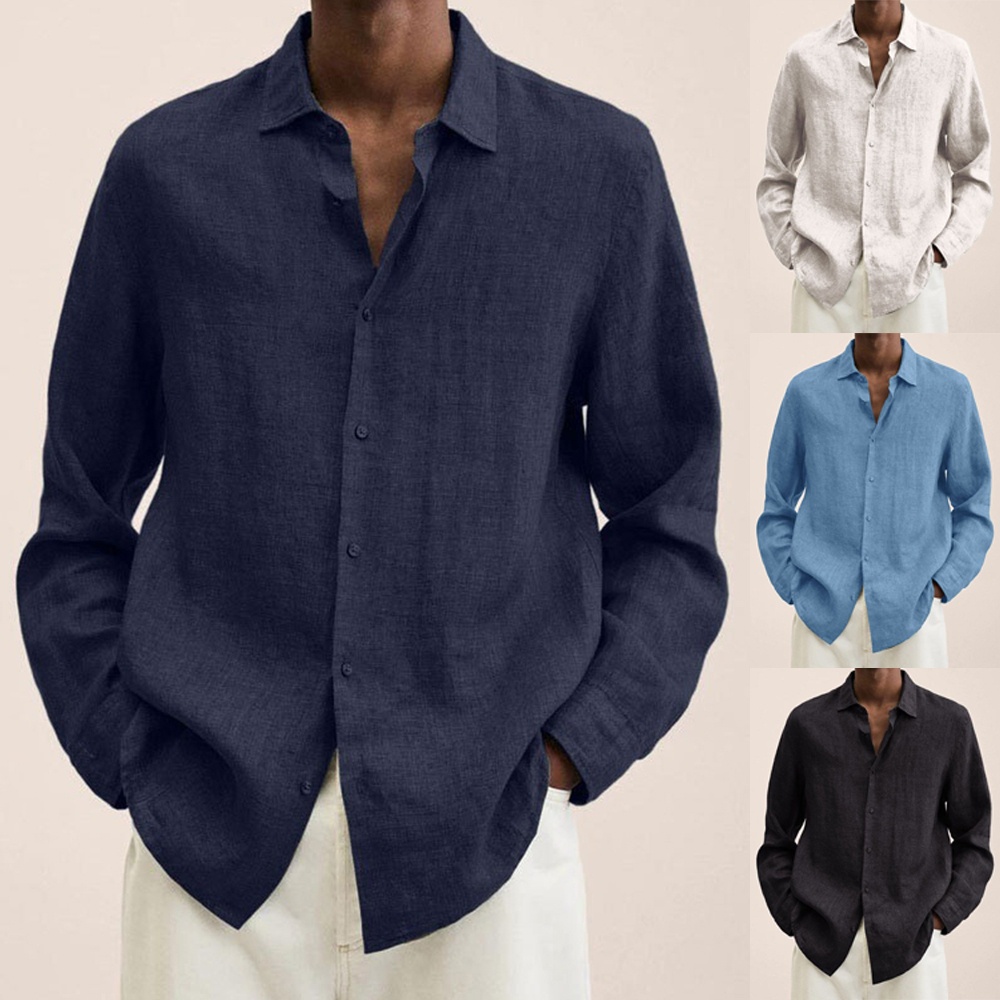 Áo Sơ Mi Cotton Lanh Dài Tay Dáng Rộng Màu Trơn Cài Nút Thời Trang Cho Nam