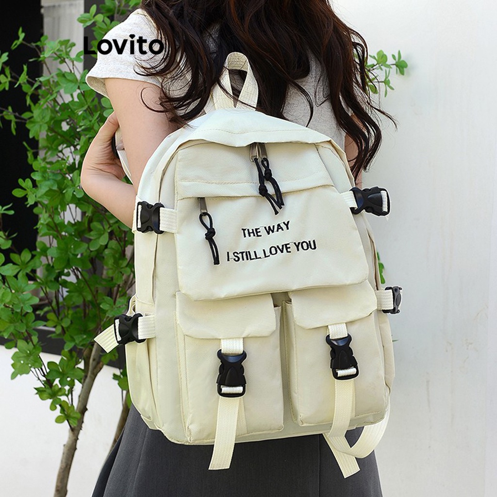 Lovito Ba lô có khóa bỏ túi thông thường có sức chứa lớn dành cho nữ L57AD189 (Tắt Trắng/Đỏ/Đen)