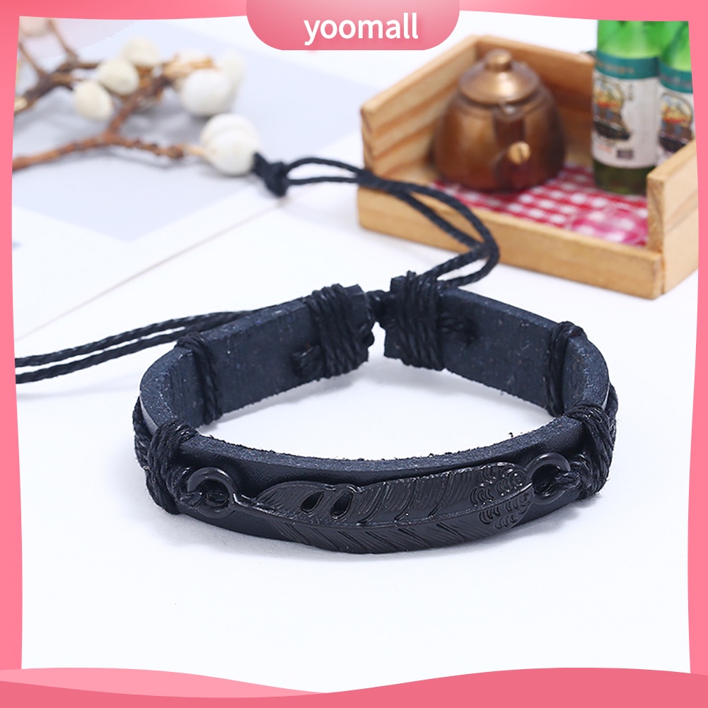 Vòng Tay Giả Da Dây Bện Phối Mặt Hình Lông Vũ Có Thể Điều Chỉnh Kích Cỡ Cho Nam