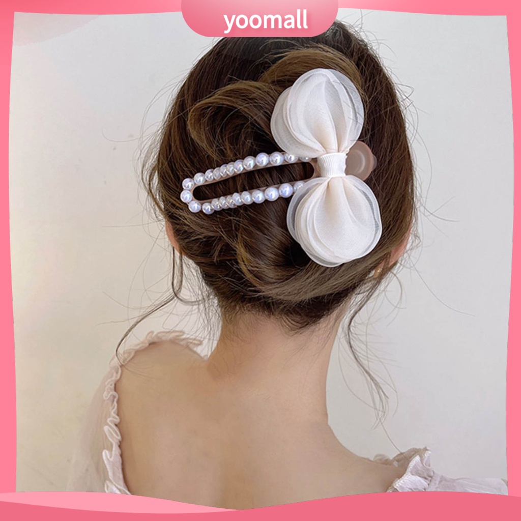 Kẹp Tóc Càng Cua Đính Ngọc Trai Giả Thắt Nơ Bằng Lưới Acrylic Chắc Chắn Cho Nữ