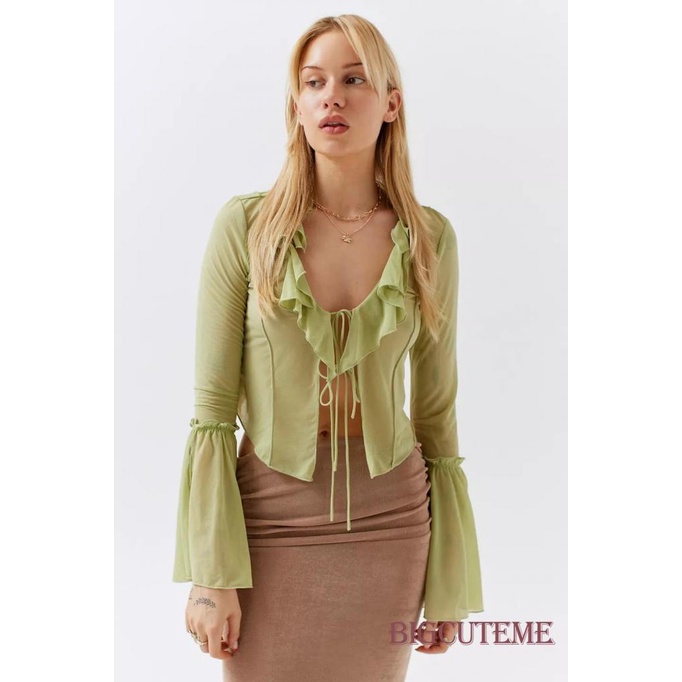 [] - Áo Crop Top Dáng Ôm Tay Loe Dài Khoét Sâu Gợi Cảm Mùa Hè Cho Nữ