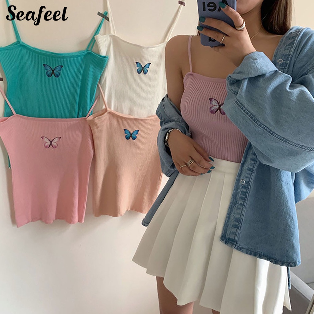 Áo Tank Top Hai Dây Hở Lưng Ôm Dáng Co Giãn In Họa Tiết Bướm Cho Nữ