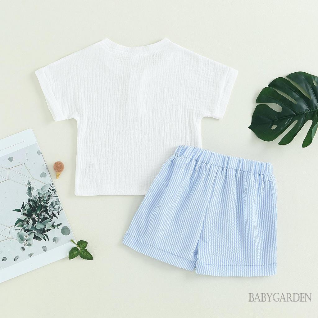 Set Đồ 2 Món Gồm Áo Sơ Mi Tay Ngắn Màu Trơn Cài Nút + Quần Ngắn Dây Rút Thời Trang Cho Bé Trai 6 Tháng-4 Tuổi