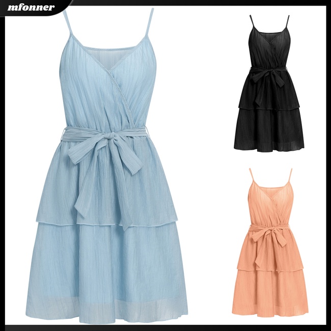 Đầm Hai Dây Cổ Chữ V Màu Sắc Đơn Giản Thanh Lịch Cho Nữ