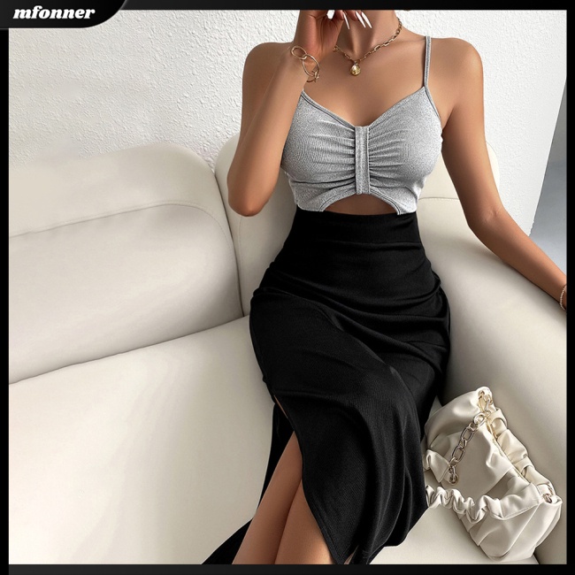 Đầm Lửng Không Tay Cổ Chữ V Lưng Cao Màu Sắc Tương Phản Thời Trang Mùa Hè Dành Cho Nữ