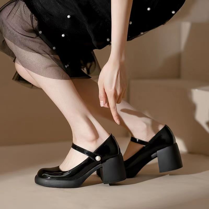 Giày Mary Jane Gót Cao Dày Mũi Tròn Đính Ngọc Trai Phong Cách Thời Trang Mới 2023