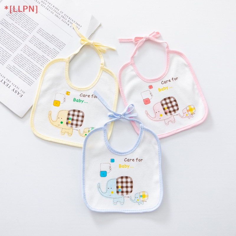 Yếm Ăn Cotton Hai Lớp Chống Thấm Nước In Hình Chú Voi Dễ Thương Cho Bé