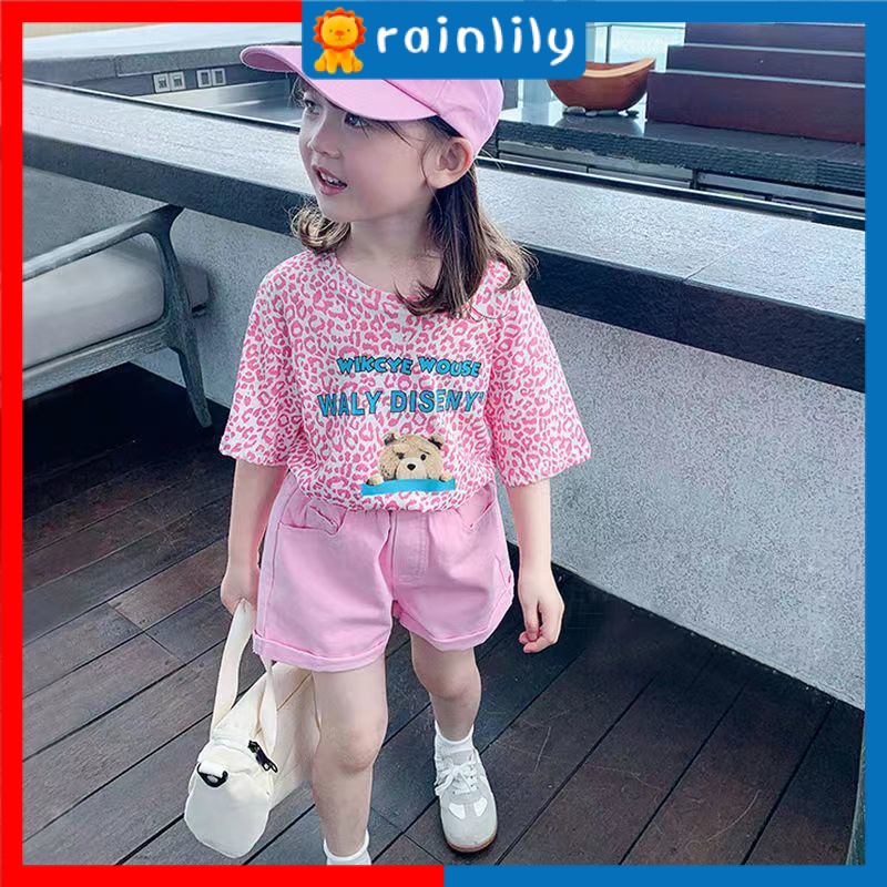 Set Áo Thun Ngắn Tay + Quần Short Họa Tiết Da Báo Thời Trang Mùa Hè Cho Bé Gái