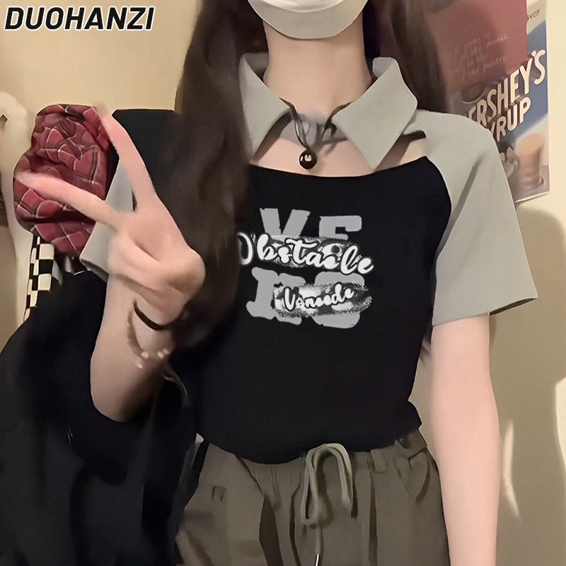 DUOHANZI Áo polo Ngắn Tay Màu Sắc Tương Phản In Chữ Phong Cách retro Mỹ