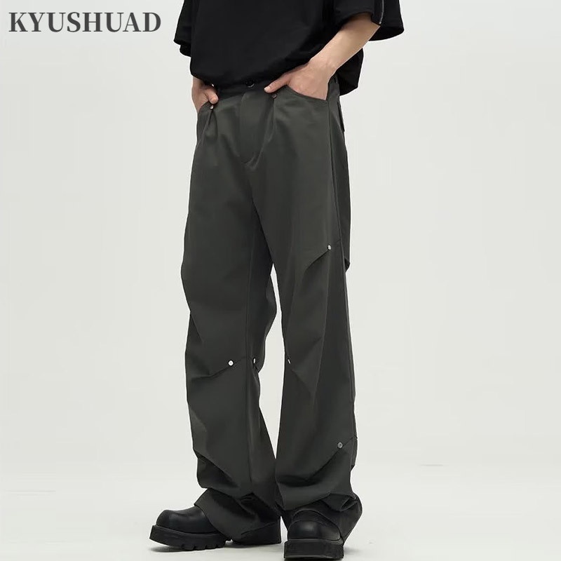 Kyushuad Quần Yếm Đinh Tán Kim Loại Nhăn Eo Thấp Dáng Rộng Mỏng Phong Cách Trung Hoa Giản Dị