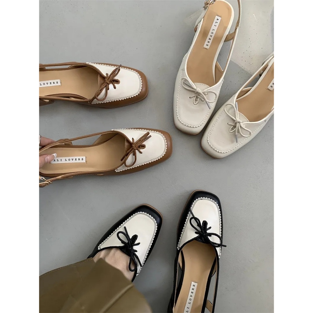 Sandal Mũi Vuông Hở Lưng Đính Nơ Xinh Xắn Theo Phong Cách retro B14L Dành Cho Nữ