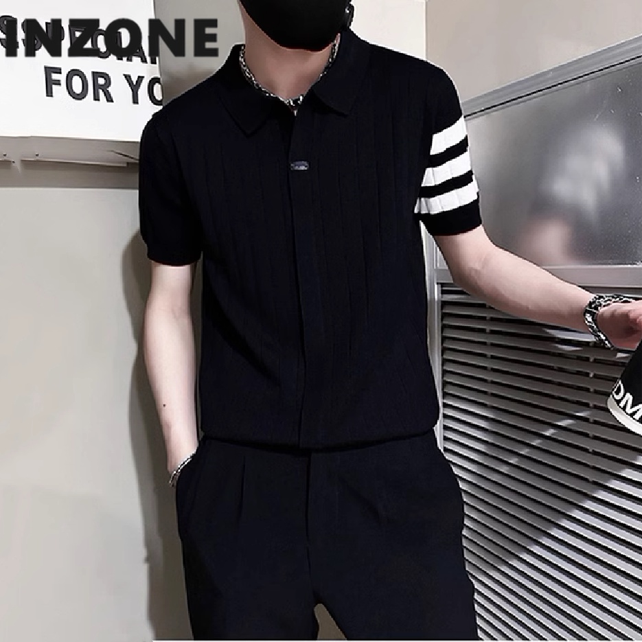Áo Thun Polo Dệt Kim Tay Ngắn Dáng Ôm Họa Tiết Kẻ Sọc Phong Cách Hàn Quốc Thời Trang Cho Nam