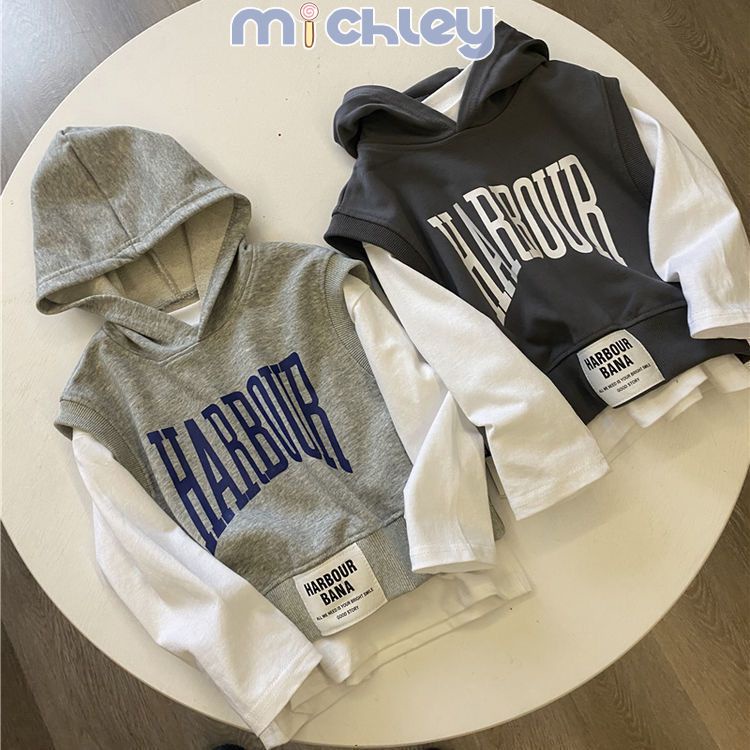Set đồ MICHLEY gồm áo hoodie in chữ và áo len cộc tay thời trang cho bé trai