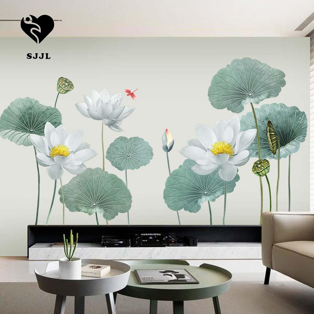 Decal dán tường PVC Hình Hoa Sen Thư Pháp Cho Phòng Khách / Phòng Ngủ
