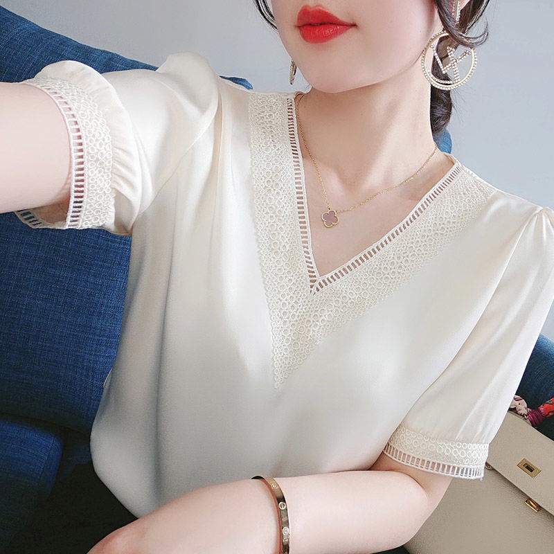 Áo Chiffon Ngắn Tay Phối Ren Phong Cách Hàn Quốc Cho Nữ