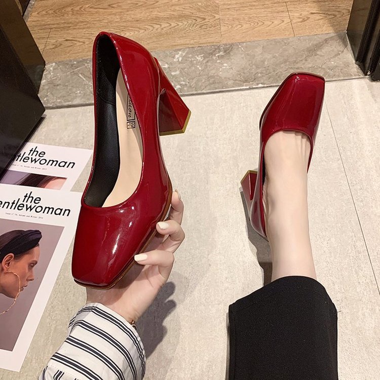 Giày Cao Gót Mary Jane Da Bóng Mũi Vuông Phong Cách Hàn Quốc 2023 Cho Nữ