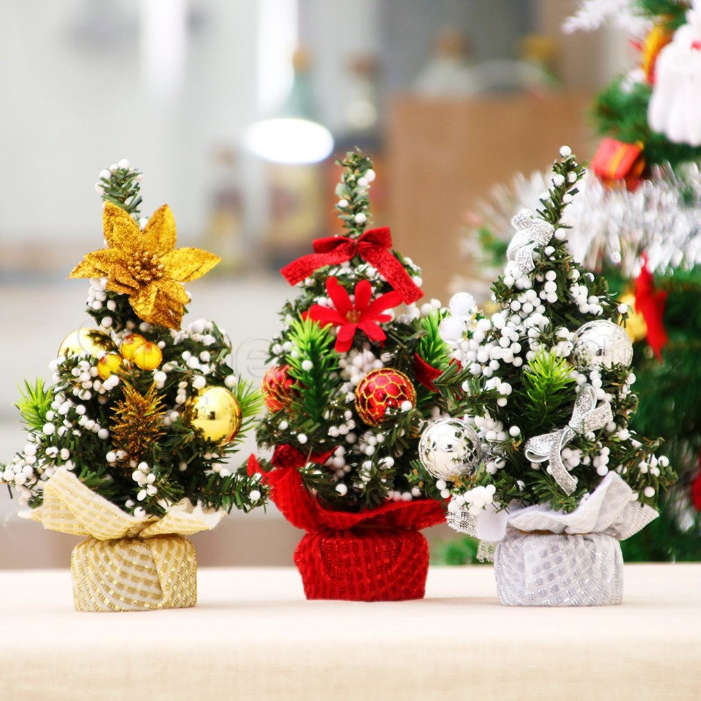 1 Cây Thông Giáng Sinh Mini Trang Trí Bàn Tiệc Giáng Sinh Có Nơ Và Bóng Lông