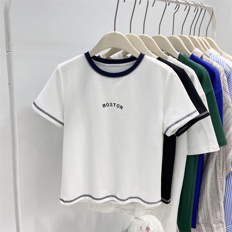 Áo Thun Tay Ngắn Cổ Tròn Thiết Kế Đường Viền Sáng Đơn Giản Phong Cách Phương Tây Cho Nữ