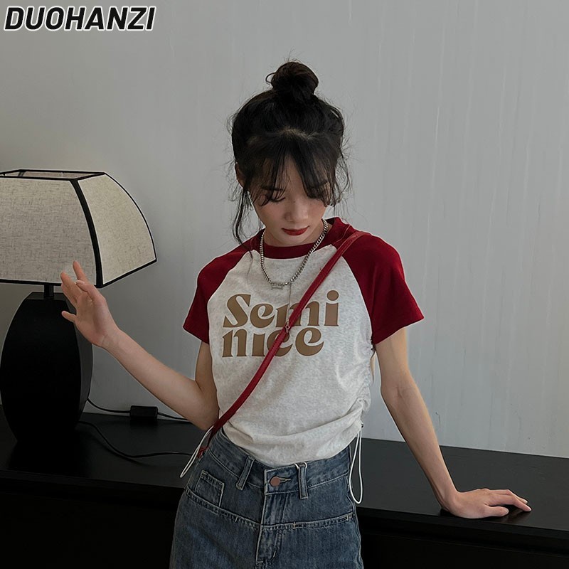 Áo thun DUOHANZI tay ngắn raglan phối màu thời trang 2023