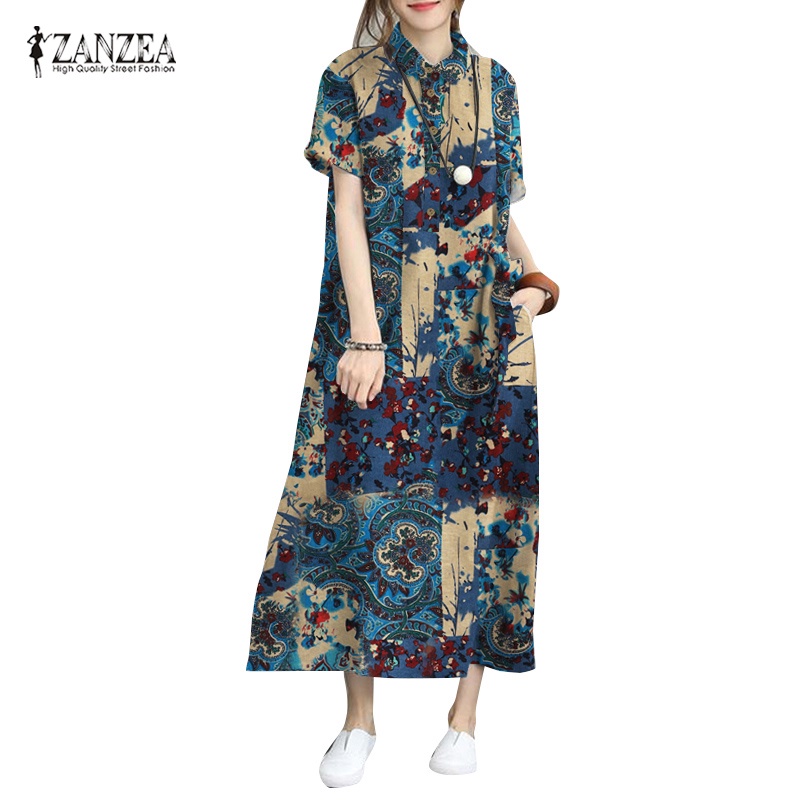 Zanzea Đầm Cotton Lanh Ngắn Tay Thắt Nơ Bên Hông In Họa Tiết Thời Trang Hàn Quốc Cho Nữ