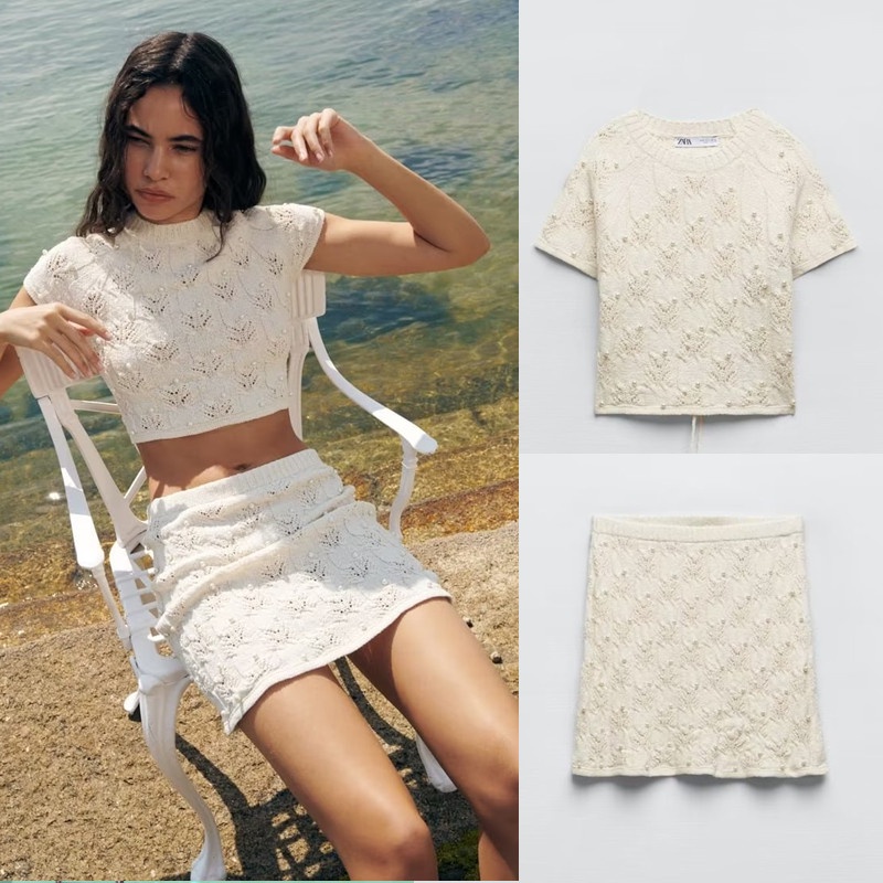 Zara Bộ Áo Dệt Kim Đính Ngọc Trai Nhân Tạo + Chân Váy Lưng Cao Thời Trang Mùa Hè 4331104 4331105
