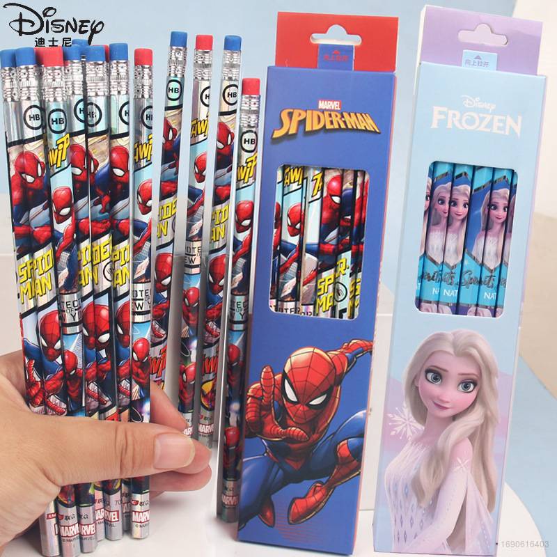 DISNEY Set 12 Bút Chì Họa Tiết Hoạt Hình Frozen / Người Nhện / Marvel / Elsa Cho Học Sinh