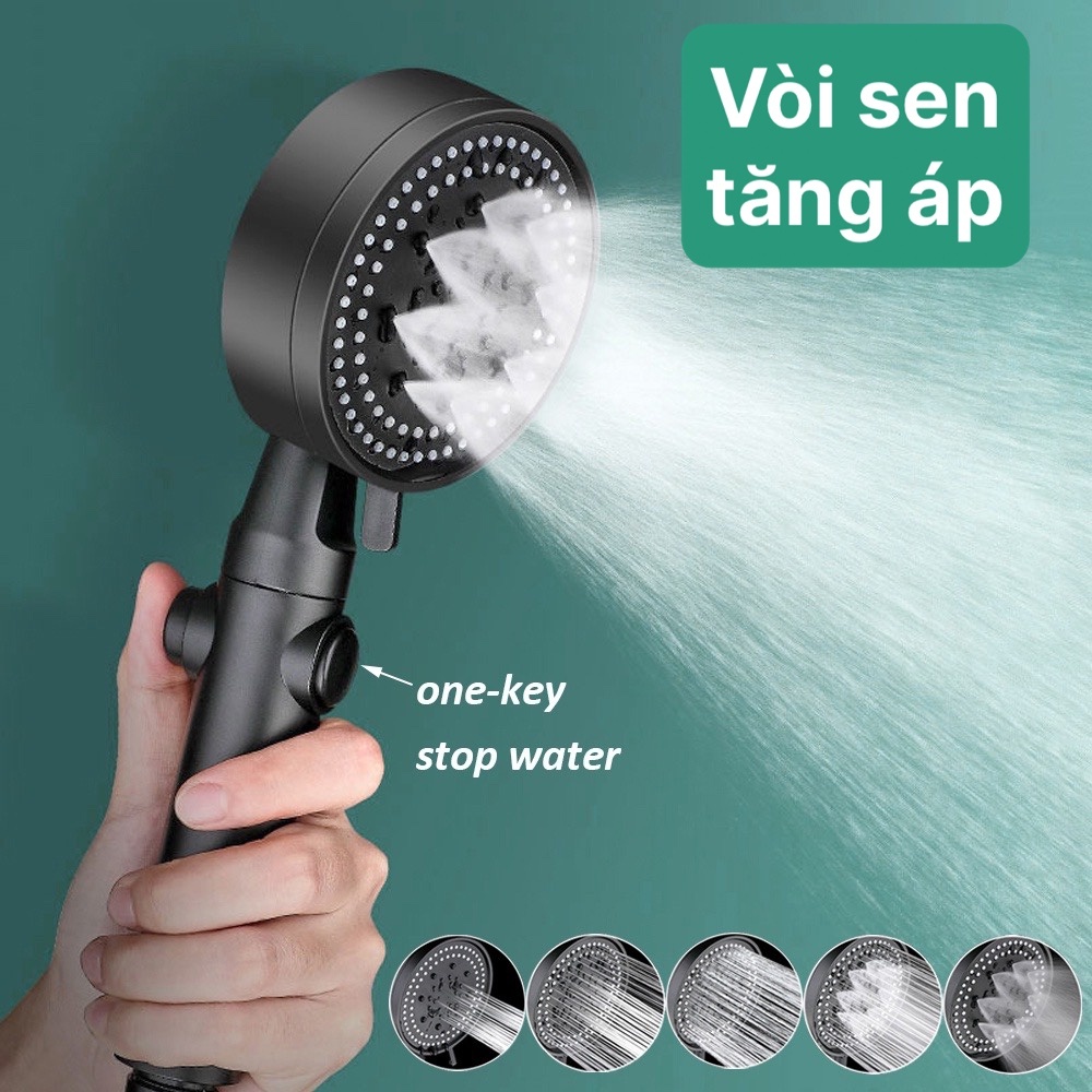 Bộ Vòi Sen, Vòi Hoa Sen Đầu Vòi Tăng Áp 5 Chế Độ Tiết Kiệm Nước Màu Đen Sang Trọng