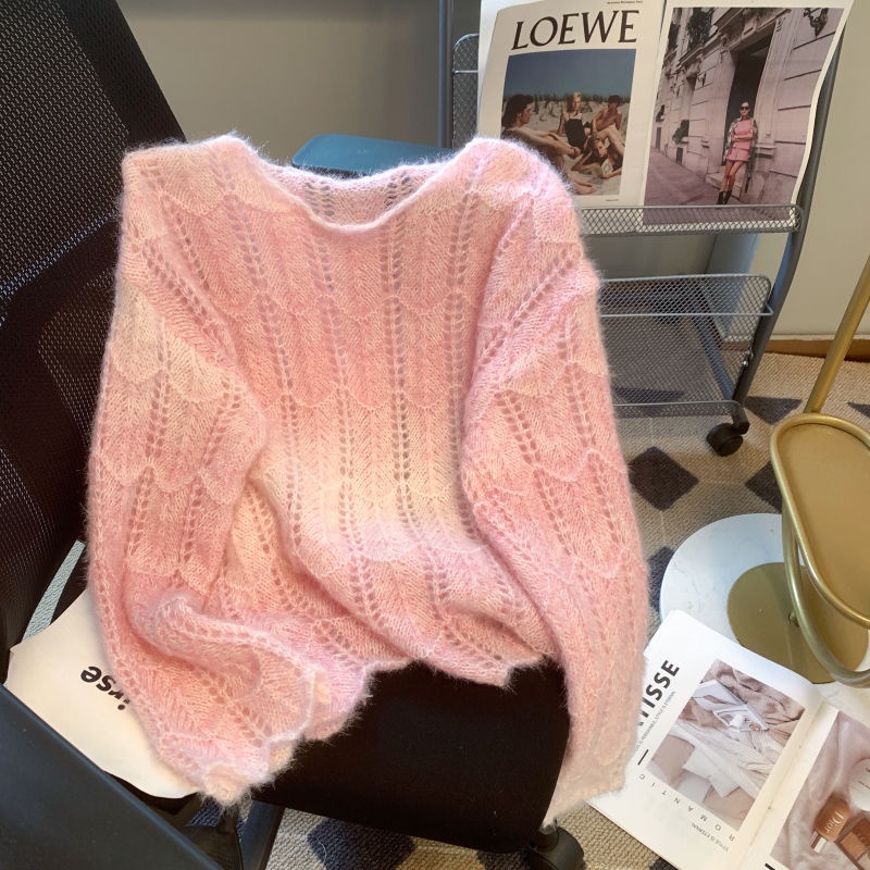 Mohair rainbow sweater women early spring 2023 new style gentle style pullover top sweet hollow long-sleeved knitwear