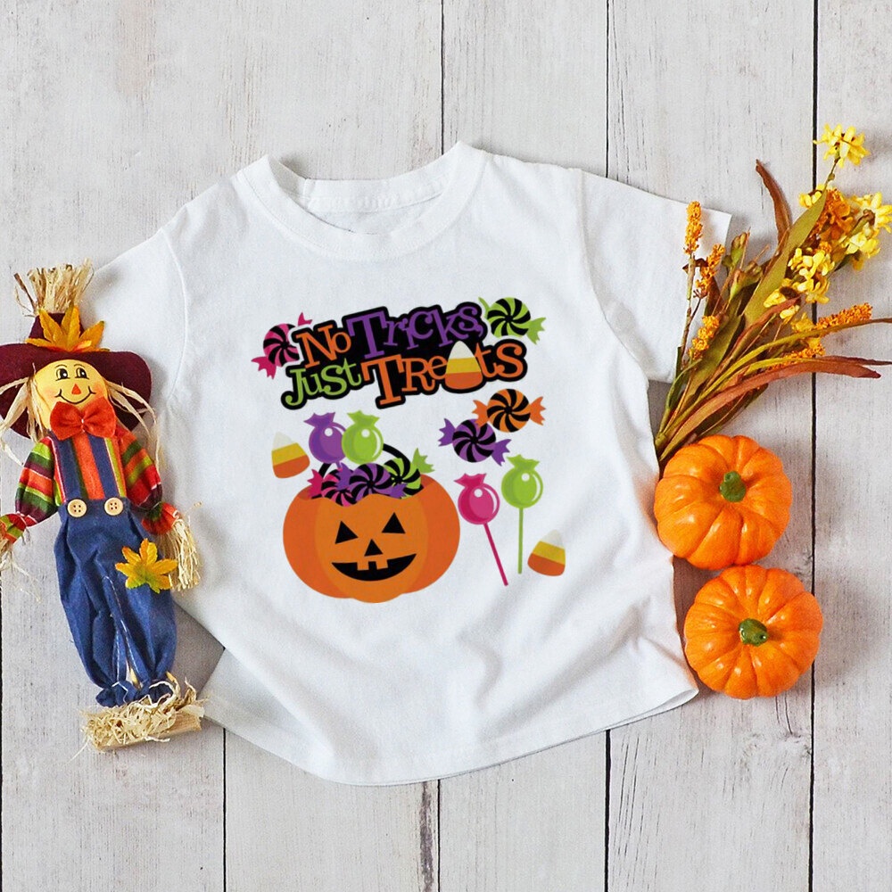 Halloween Bé Trai Bé Gái Áo Thun Tay Ngắn 1-12Y Bé Trai Bé Gái Trẻ Em Halloween Bí Ngô Áo Thun Cổ Tròn Mềm Mại Áo Thun Trẻ Em