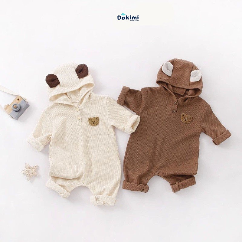 Bộ body cho bé trai,bé gái DAKIMI dài tay Đính Gấu dễ thương,bodysuit cho bé chất Tăm Gân mũ liền mẫu áo liền quần 0-12M