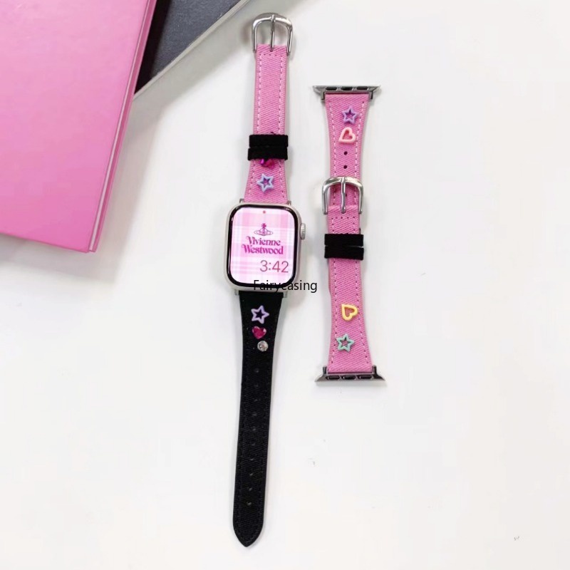 Dây đeo bằng da phong cách giải trí cho iwatch series ultra 8 6 6 6 se y2k denim girl bracelet cho apple watch dây đeo 41mm 40mm 45mm 38mm 49mm phụ kiện
