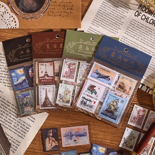 4 tờ vintage stamp series stickers pack literary scrapbook deco diy stamp decals