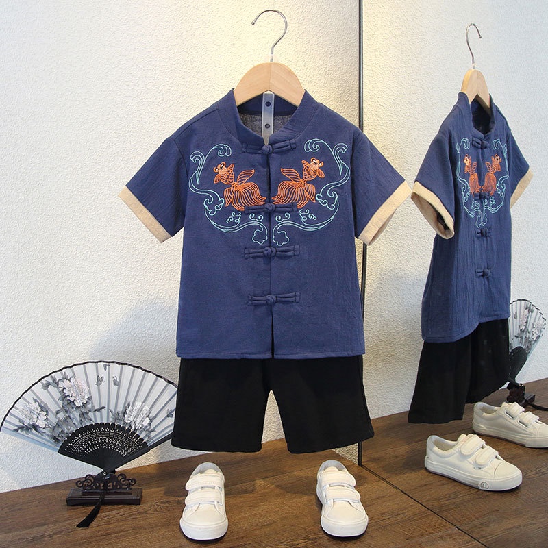 Cny baby phong cách trung quốc tangsuit set năm mới bé trai bé gái thoáng khí hanfu trẻ em thường ngắn tay tangsuit