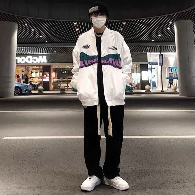 Áo khoác VUNC tay dài dáng rộng có nón họa tiết chữ thời trang phong cách hip hop