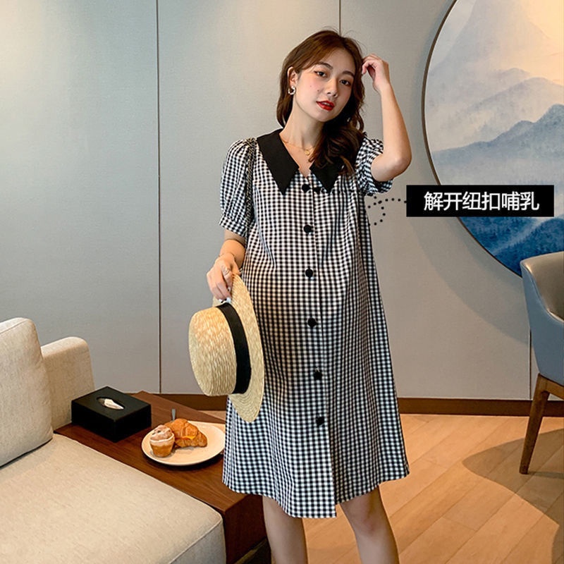 Trang phục bà bầu mùa hè phong cách thời trang mới phiên bản hàn quốc màu đen trắng kẻ sọc ve áo cho con bú váy bà bầu