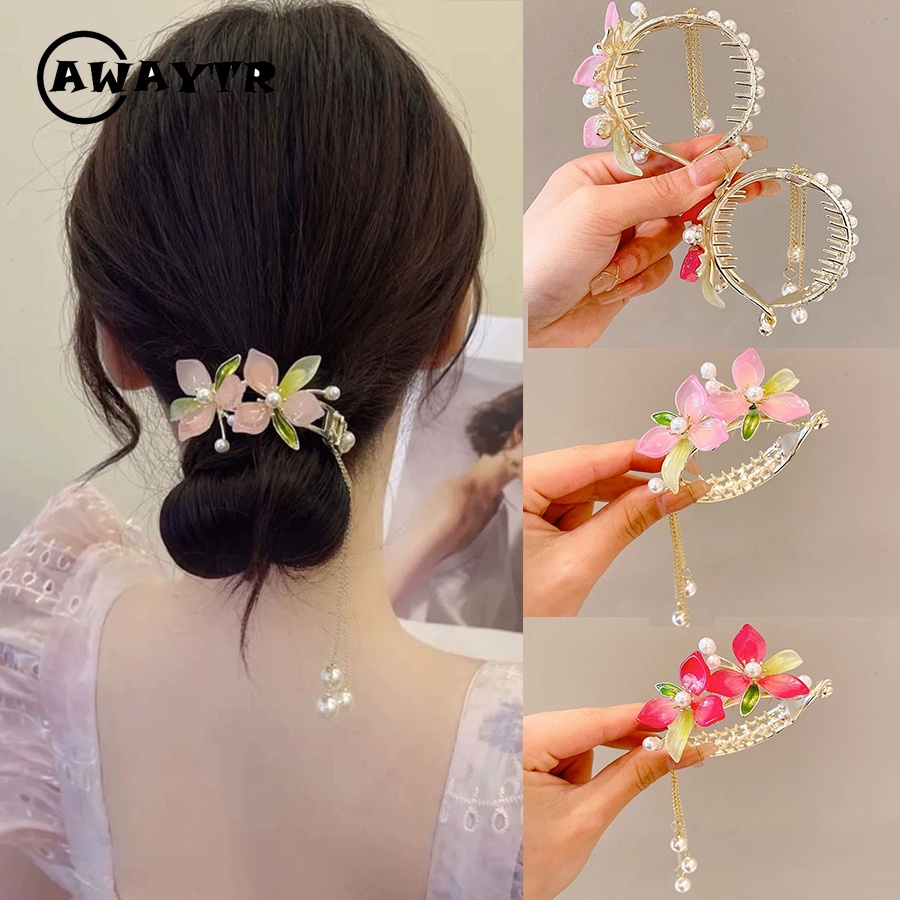 Awaytr tóc đuôi ngựa cao hợp kim fringe màu hồng nhẹ nhàng peach fringe ball kẹp tóc nữ