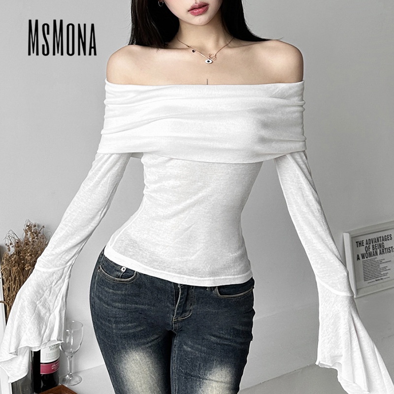 Áo thun nữ MsMona tay dài trễ vai ôm dáng vừa vặn màu trơn sexy thời trang mới 2023