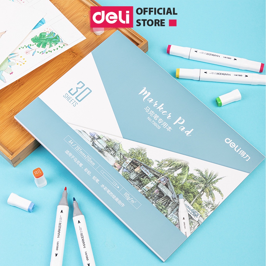 [HỌA CỤ DELI] Giấy vẽ màu marker chuyên dụng Deli - 30 tờ 110gsm - Giấy cao cấp, dày, dễ chồng màu, 