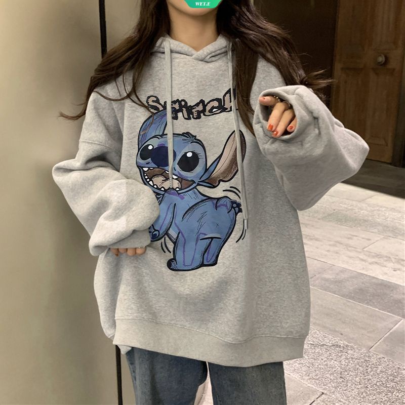 Retro cartoon stitch in áo có mũ trùm đầu phụ nữ 2023 mùa thu mới áo chui đầu lỏng lẻo áo khoác dài tay áo khoác thường