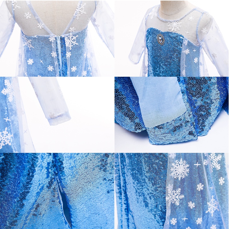 DISNEY Đầm Công Chúa Elsa Phối Lưới Đính Kim Sa Màu Xanh Dương Thời Trang Cho Bé Gái