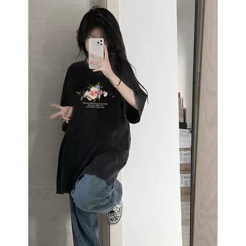 NRVP Áo Thun Đen 100% Cotton Tay Ngắn Dáng Rộng In Hoạ Tiết Độc Đáo