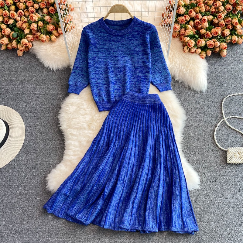 Bộ Áo Sweater Cổ Tròn Ôm Dáng + Chân Váy Xếp Ly Lưng Cao Màu Trơn Kiểu Pháp Đơn Giản Thời Trang Mùa Xuân Cho Nữ