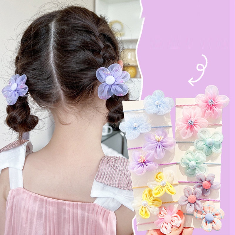 Dây Buộc Tóc Vải Lưới Đính Hoa Màu Kẹo Dễ Thương Cho Bé Gái