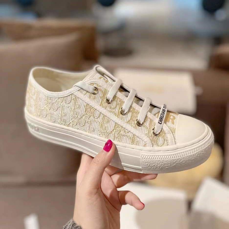 0XQQ DIOR letter printing embroidery 2023 new spring canvas shoes all-match flat white shoes presbyopic board shoes for women