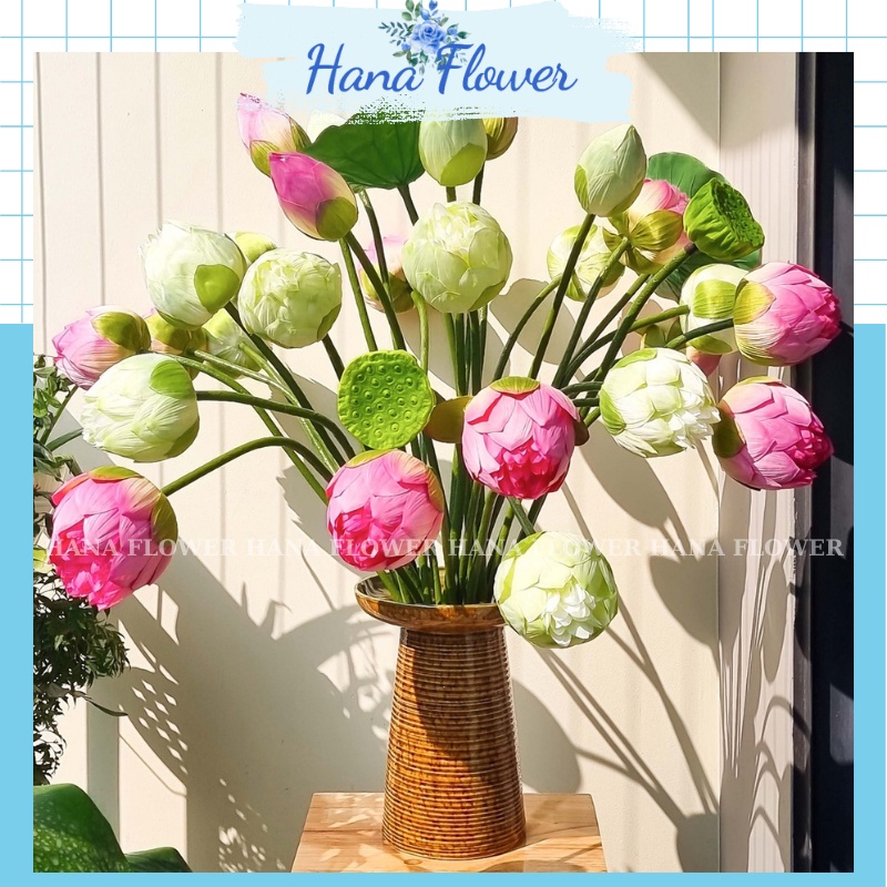 Hoa sen Bách Diệp Quan Âm, hoa giả để bàn, bông sen lụa trang trí bàn thờ - Hana Flower