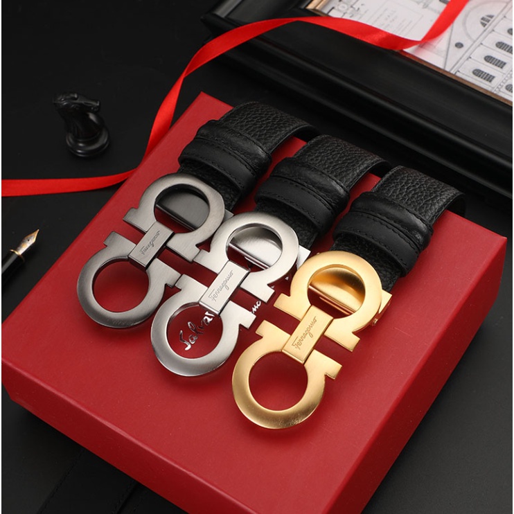 Ferragamo Thắt Lưng Da Bò Hai Lớp Phối logo Kim Loại Phong Cách Doanh Nhân Cho Nam